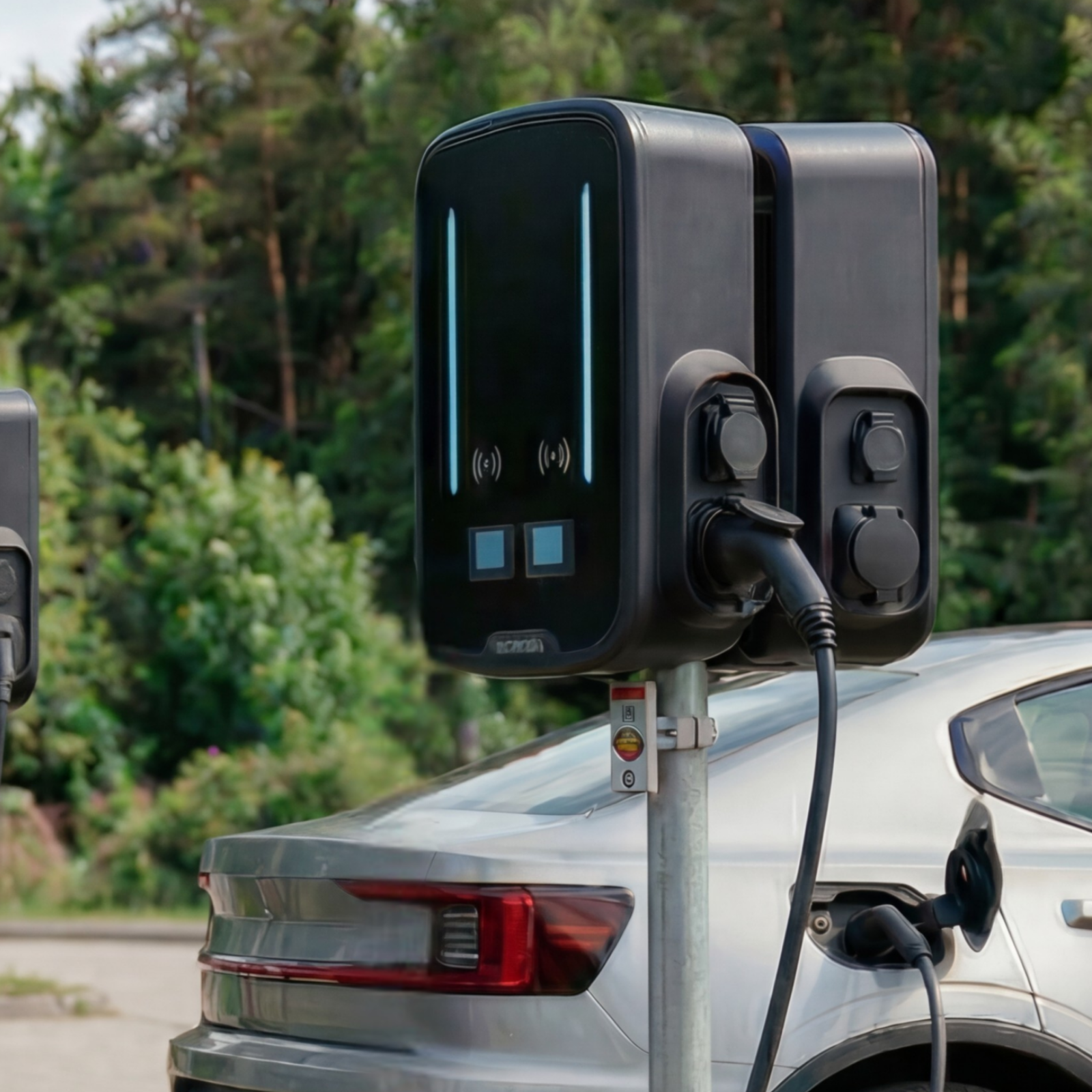 Elektra Sense Plus latausasema parkkipaikalla, kahden auton lataamiseen